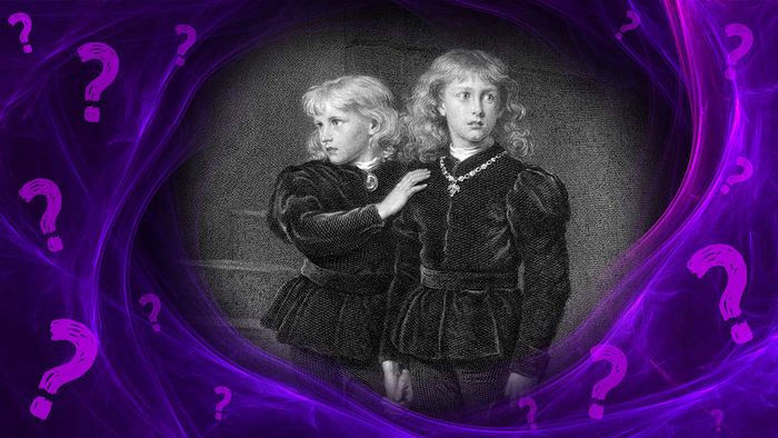 The Princes in the Tower depicted on a purple background surrounded by question marks.