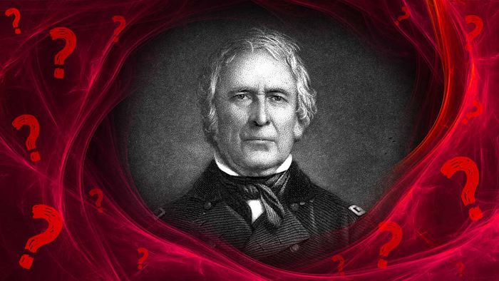 Zachary Taylor depicted on a red background surrounded by question marks.