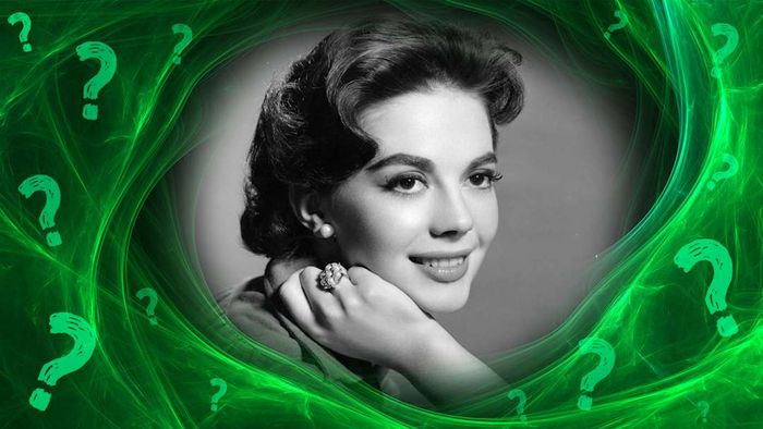 Natalie Wood depicted on a green background surrounded by question marks.