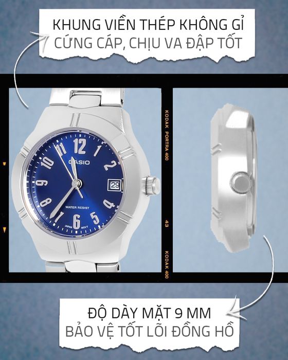 Đồng hồ Nữ Casio LTP-1241D-2A2DF có khung viền bền bỉ, chống ăn mòn