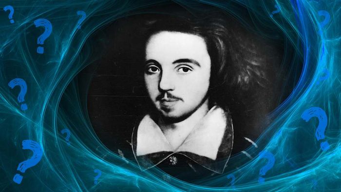 Christopher Marlowe depicted on a teal background surrounded by question marks.