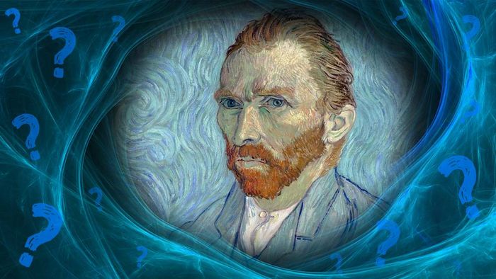 Self-portrait of Vincent van Gogh depicted on a teal background with question marks.
