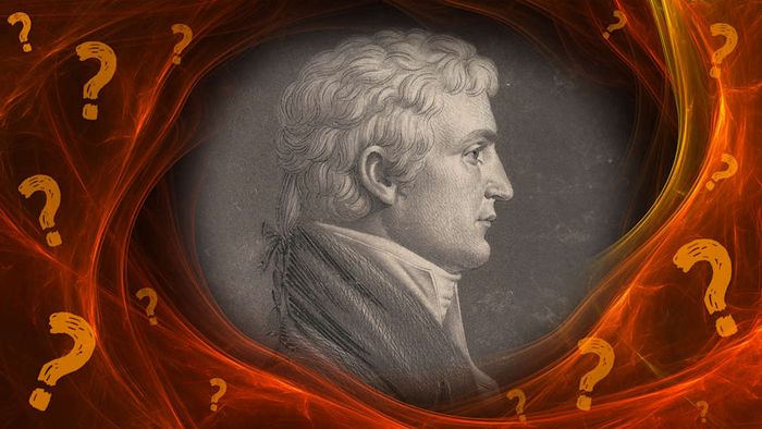 Meriwether Lewis depicted on an orange background surrounded by question marks.
