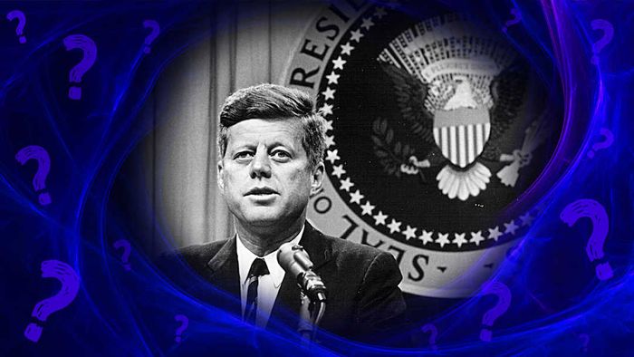 John F. Kennedy depicted on a blue background surrounded by question marks.