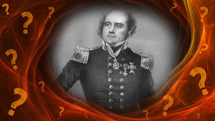Sir John Franklin depicted on an orange background surrounded by question marks.