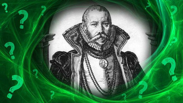 Tycho Brahe depicted on a green background surrounded by question marks.