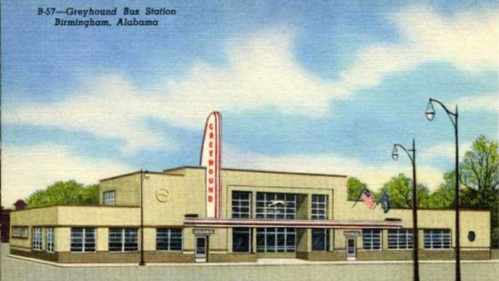 A historical postcard depicts the Greyhound bus station in Birmingham, Alabama.