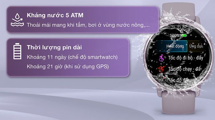 Garmin Vivoactive 5 42.2mm dây silicone - Pin và Kháng nước