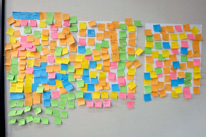 Post-It notes displayed on a wall following an activity at the SheChampions Summit, 2023.
