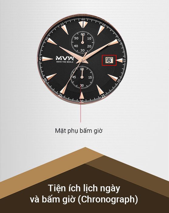 Đồng hồ nam MVW ML041-01 có tiện ích lịch ngày và bấm giờ