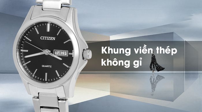 Đồng hồ nữ Citizen EQ0591-81E có bộ khung viền cứng cáp, chống ăn mòn, oxi hóa