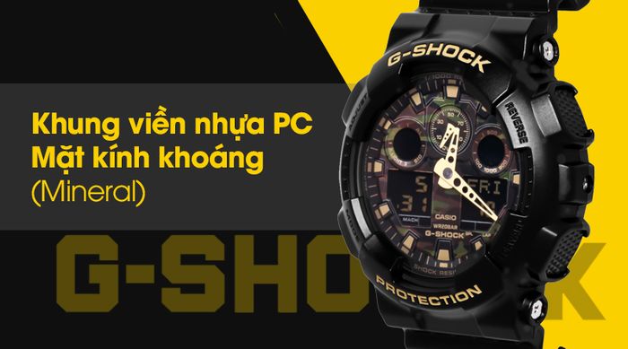 Đồng hồ Nam G-shock GA-100CF-1A9DR có mặt kính cứng cáp, khung viền bền chắc