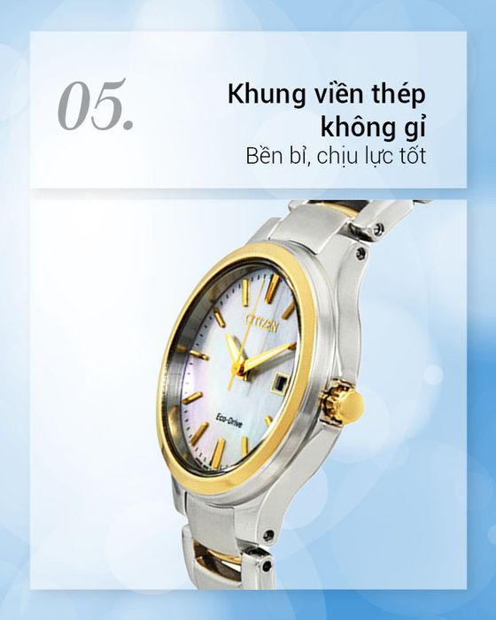 Đồng hồ nữ Citizen EW2524-55N sở hữu khung viền thép không gỉ chắc chắn