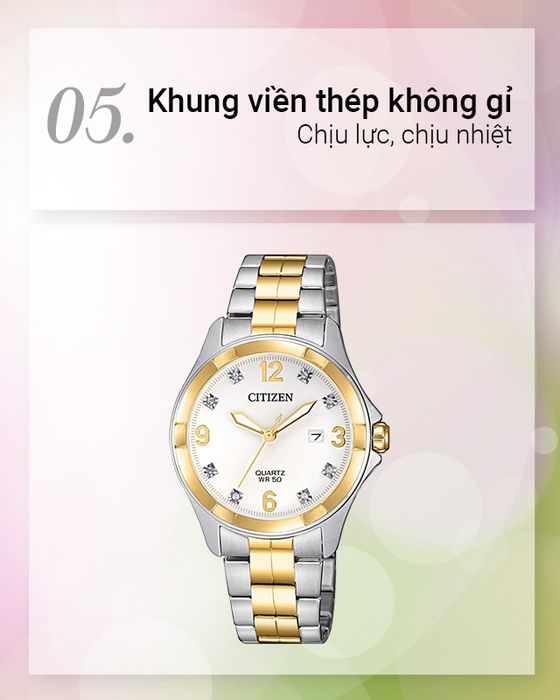 Khung viền thép không gỉ của đồng hồ Nữ Citizen EU6084-57A