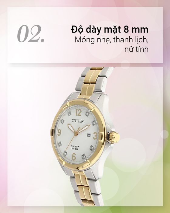 Độ dày mặt 8 mm mỏng nhẹ của đồng hồ Nữ Citizen EU6084-57A