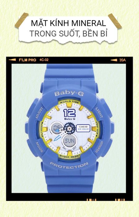 Đồng hồ nữ Baby-G BA-120-2BDR có mặt kính khoáng trong suốt, bền bỉ