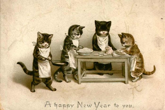 Victorian New Year’s card featuring cats cooking.