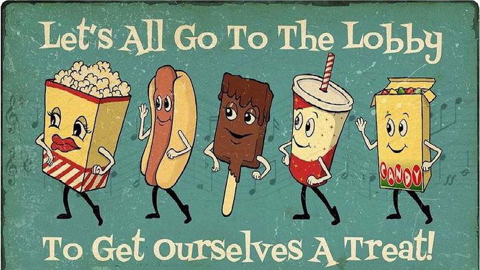 An image of a vintage movie theater snack sign is displayed