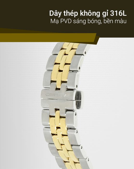 Đồng hồ Nam Certina C035.410.22.037.02 có khung viền thép không gỉ 316L mạ PVD sáng bóng, bền màu