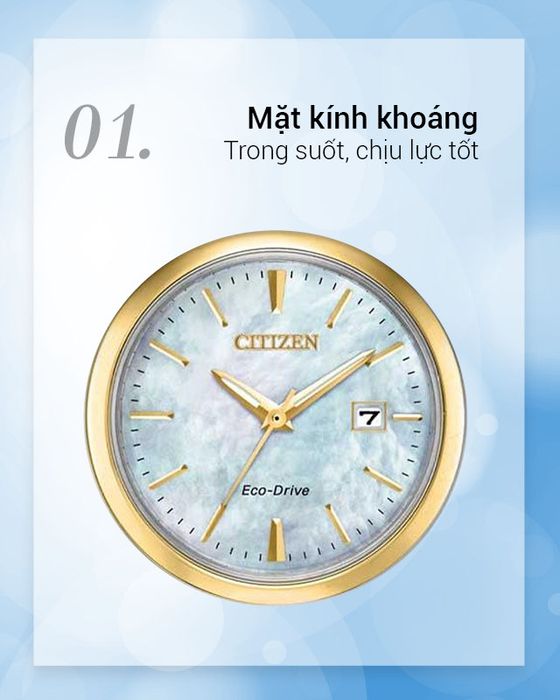 Đồng hồ nữ Citizen EW2524-55N sở hữu mặt kính khoáng cứng cáp