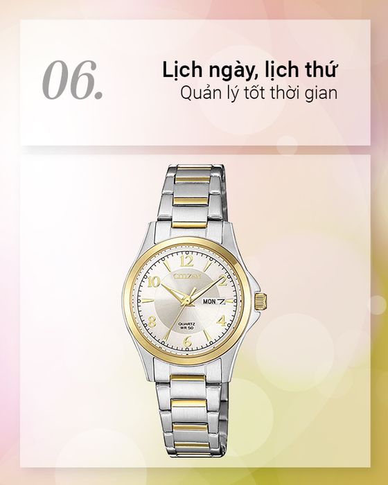 Đồng hồ Nữ Citizen EQ0595-55A có tiện ích lịch ngày, lịch thứ