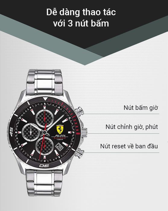 Đồng hồ Nam Ferrari 0830772 dễ dàng thao tác với 3 nút bấm