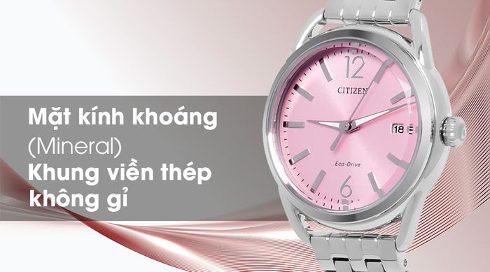 Đồng hồ nữ Citizen FE6080-71X - Eco-Drive có mặt kính chịu lực tốt, hạn chế trầy xước cùng bộ khung viền chắc chắn