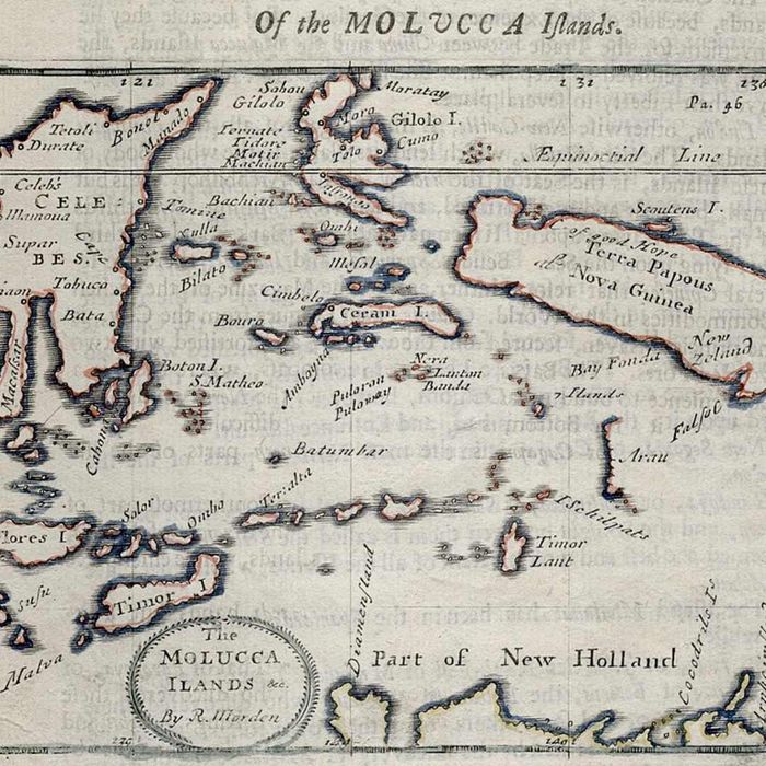 A 1703 map by Robert Morden depicting the Molucca (or Malaku) Islands.
