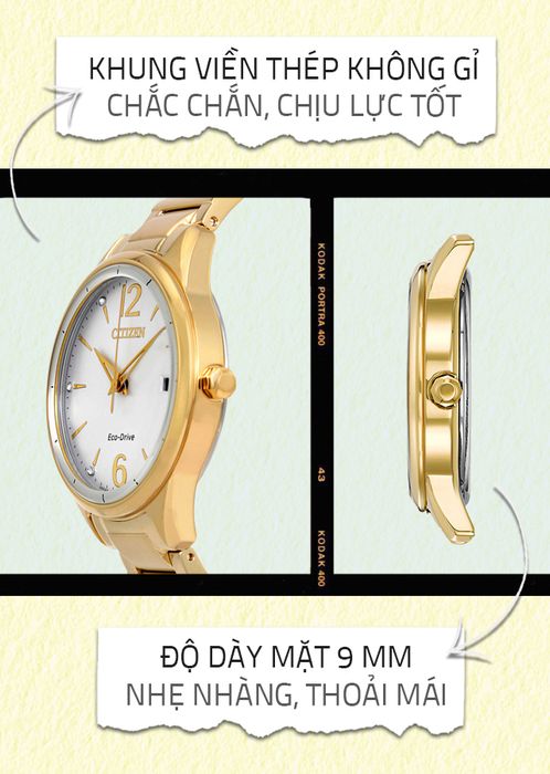 Đồng hồ Nữ Citizen FE6102-53A có khung viền chắc chắn và độ dày mặt 9 mm