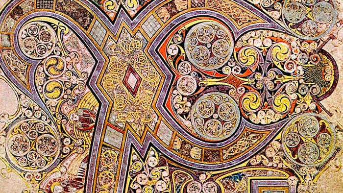 A depiction of the Chi Rho monogram from the Book of Kells, a priceless medieval manuscript filled with stunning illustrations.