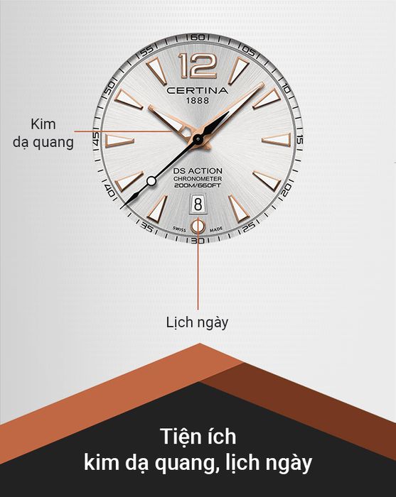 Đồng hồ Nam Certina C032.851.22.037.00 có tiện ích kim dạ quang, lịch ngày