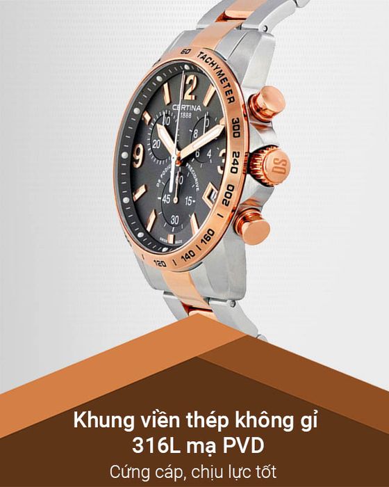 Đồng hồ Nam Certina C034.417.22.087.00 có khung viền thép không gỉ 316L mạ PVD bền màu