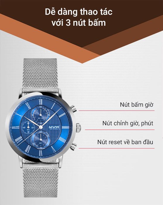 Đồng hồ nam MWW MS048-01 có 3 nút bấm