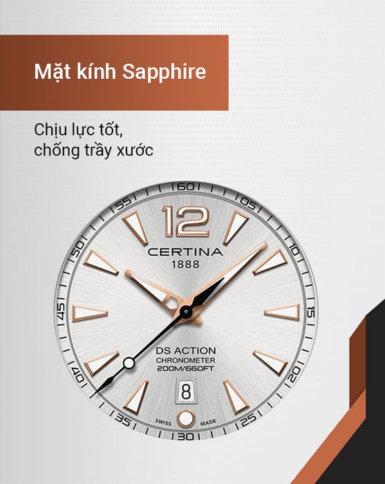 Đồng hồ Nam Certina C032.851.22.037.00 có mặt kính sapphire chịu lực tốt