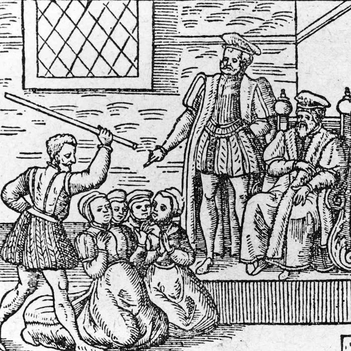 A group of alleged witches being punished in front of King James VI and I.