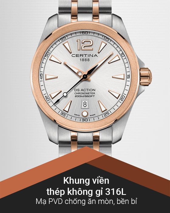 Đồng hồ Nam Certina C032.851.22.037.00 có khung viền chống ăn mòn