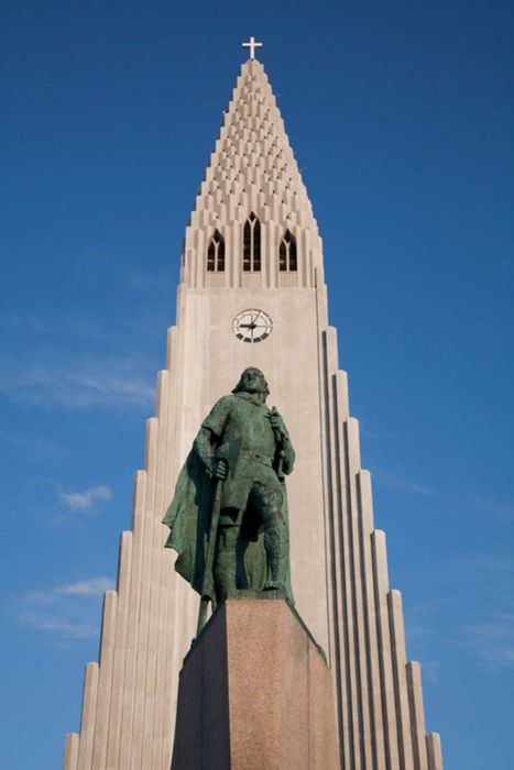 A statue of Leif Erikson stands outside the Reykjavik cathedral.