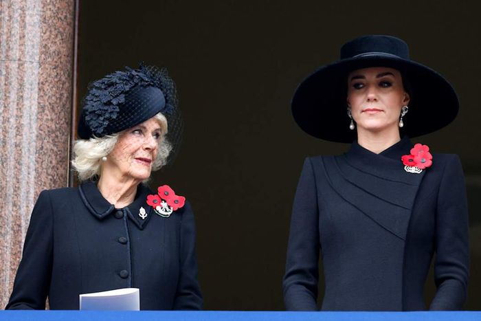 Queen Camilla and Catherine, Princess of Wales at the National Service of Remembrance at The Cenotaph in November 2022.