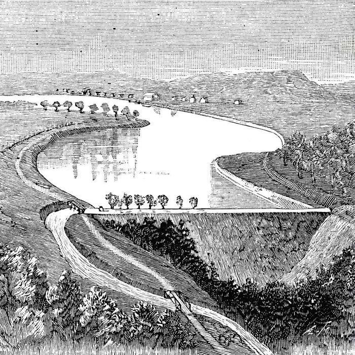 Illustration of the South Fork Dam prior to the catastrophe.