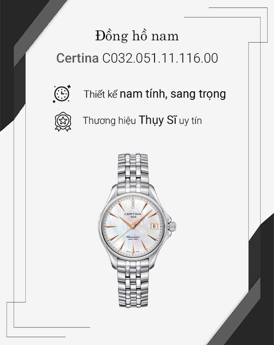 Đồng hồ Nam Certina C032.051.11.116.00 có thiết kế nam tính, sang trọng