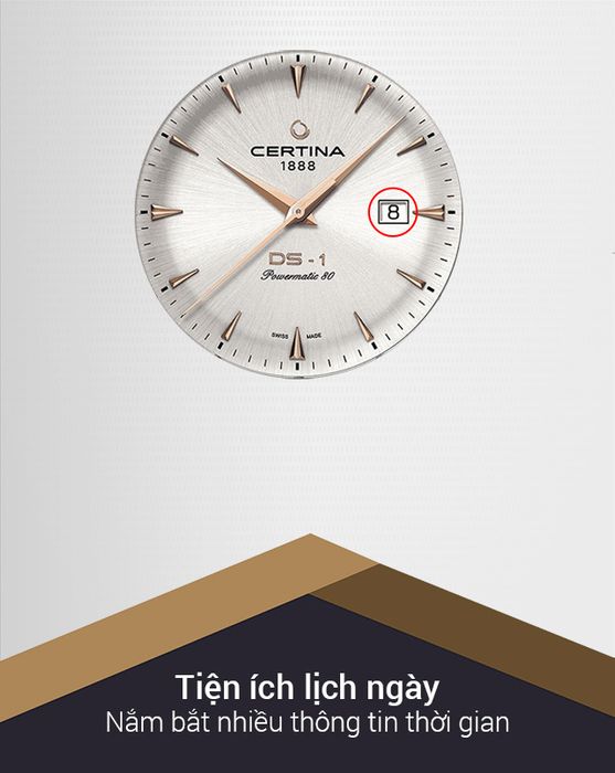 Đồng hồ nam Certina C029.807.16.031.01 có thêm tiện ích lịch ngày