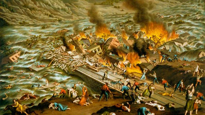 A 1890s lithograph depicting the 1889 Johnstown Flood illustrates the fiery debris left in the disaster's wake.