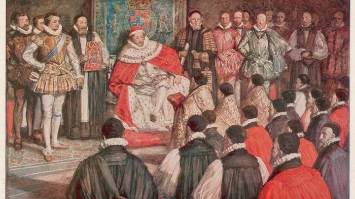 Translators present a Bible containing the translation commissioned by King James VI and I.