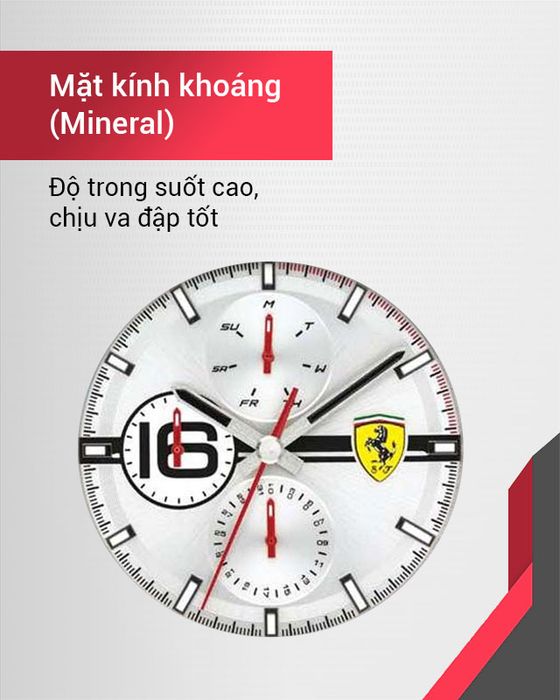 Đồng hồ nam Ferrari 0830783 có mặt kính trong suốt, độ cứng tốt