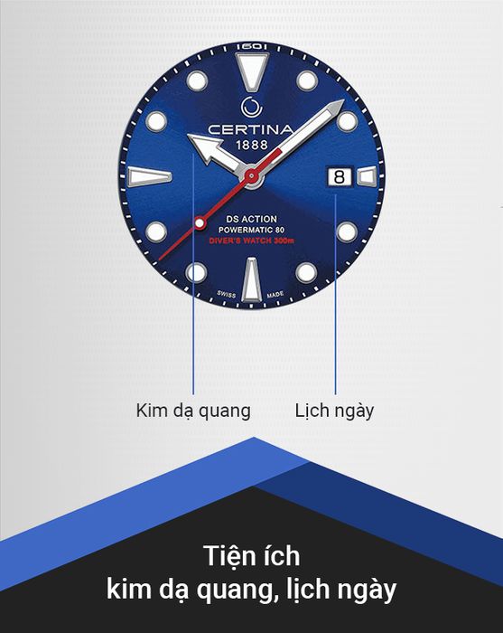 Đồng hồ Nam Certina C032.407.11.041.00 có tiện ích kim dạ quang, lịch ngày