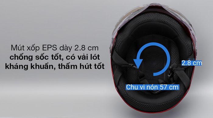Mũ 1/2 size L Asia MT-179K đỏ - Bên trong mũ có mút xốp EPS dày 2.8 cm