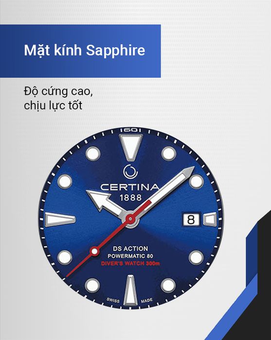 Đồng hồ Nam Certina C032.407.11.041.00 có mặt kính sapphire cứng cáp