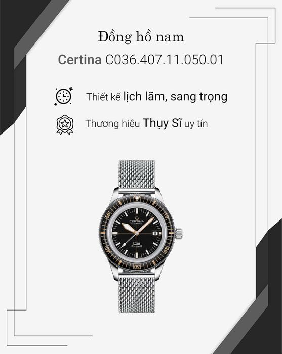 Đồng hồ Nam Certina C036.407.11.050.01 có thiết kế nam tính, lịch lãm