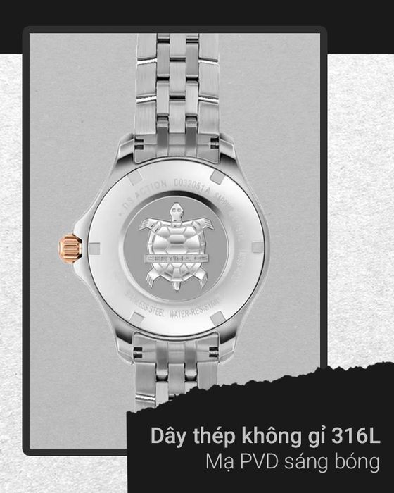 Đồng hồ Nữ Certina C032.051.22.036.00 có dây đeo thép không gỉ 316L mạ PVD sáng bóng, bền màu