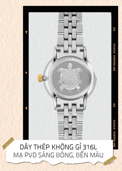 Đồng hồ Nữ Certina C035.210.22.037.02 sở hữu dây đeo thép không gỉ 316L mạ PVD sáng bóng, bền màu
